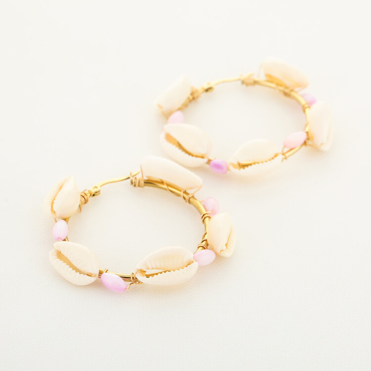Gold Shell Beads Hoop Earrings / Lilac