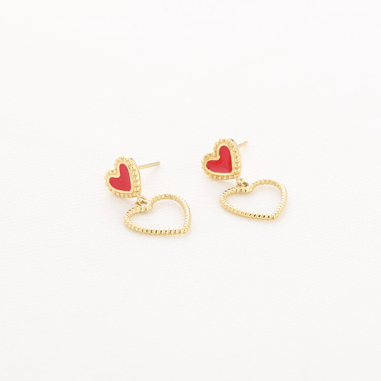 Gold Vintage Heart Drop Earrings / Red