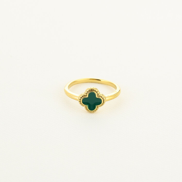 Gold Four Leaf Clover Ring / Green