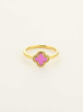 Gold Four Leaf Clover Ring / Pink