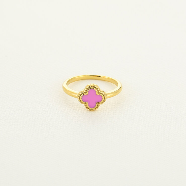 Gold Four Leaf Clover Ring / Pink