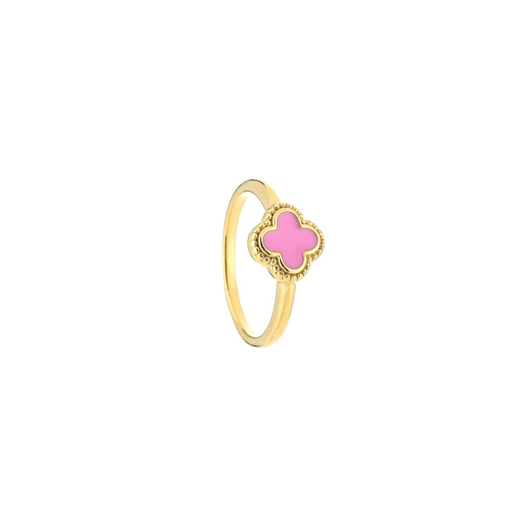 Gold Four Leaf Clover Ring / Pink
