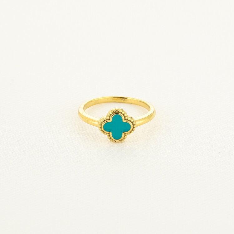 Gold Four Leaf Clover Ring / Turquoise
