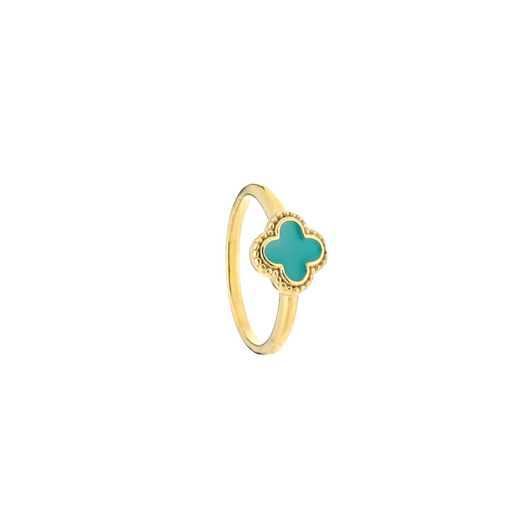 Gold Four Leaf Clover Ring / Turquoise