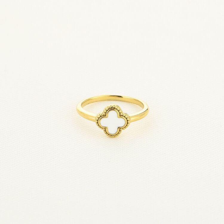 Gold Four Leaf Clover Ring / White