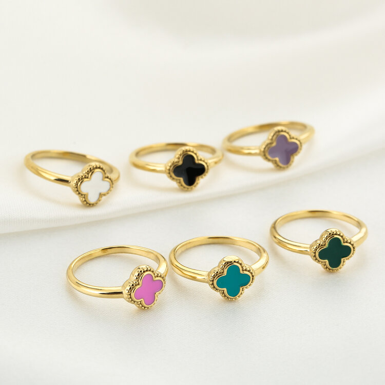 Gold Four Leaf Clover Ring / Black