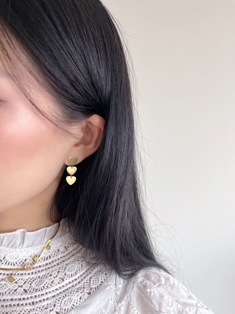 Gold Three Heart Earrings