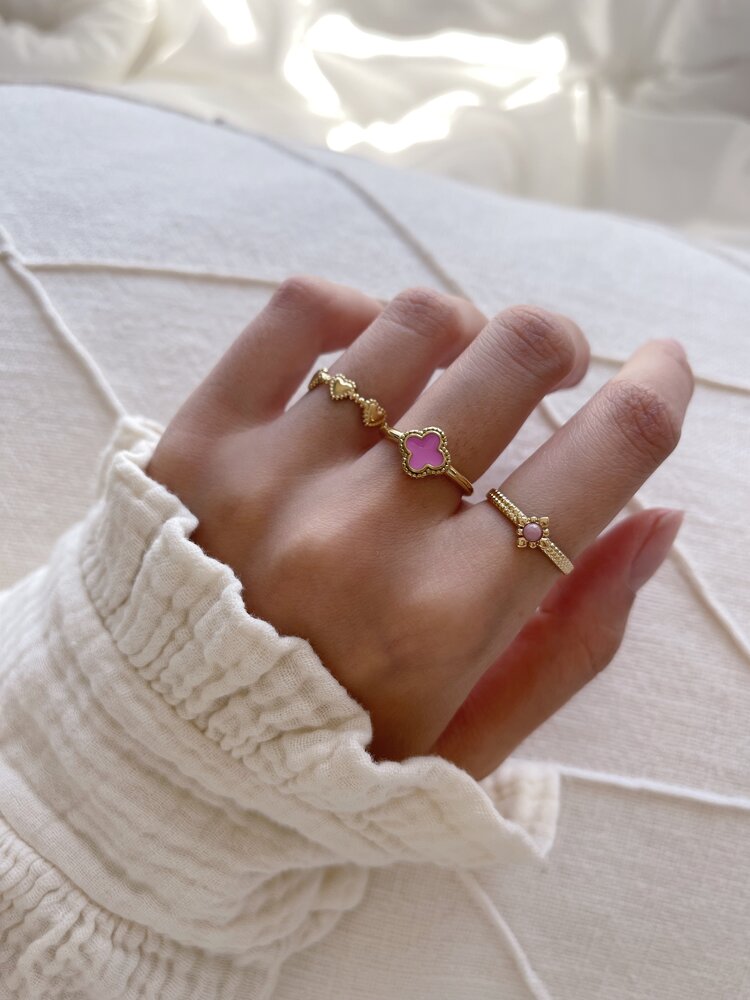 Gold Four Leaf Clover Ring / Pink