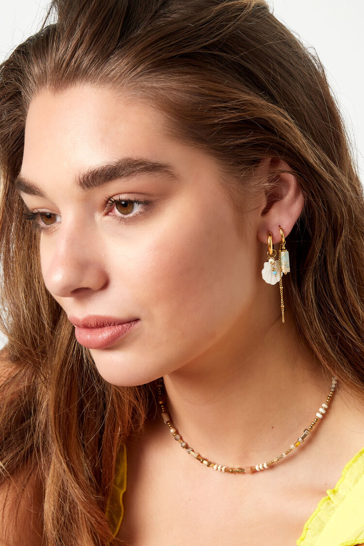 Gold Tube Stone Dangle Earrings / Grey