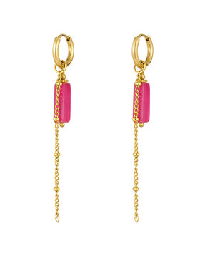 Gold Tube Stone Dangle Earrings / Fuchsia