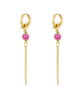 Gold Star Bead Dangle Earrings / Fuchsia