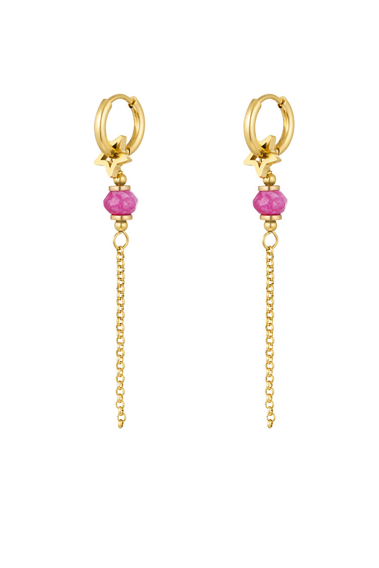 Gold Star Bead Dangle Earrings / Fuchsia