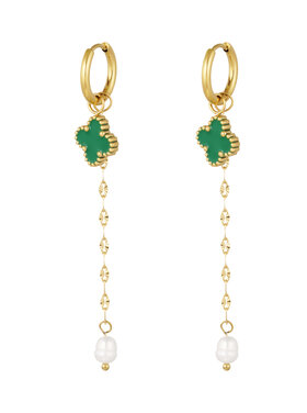 Gold Clover Pearl Dangle Earrings / Green