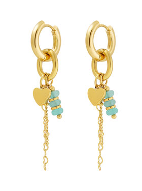 Gold Heart Bead Dangle Earrings / Turquoise