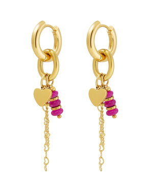 Gold Heart Bead Dangle Earrings / Fuchsia