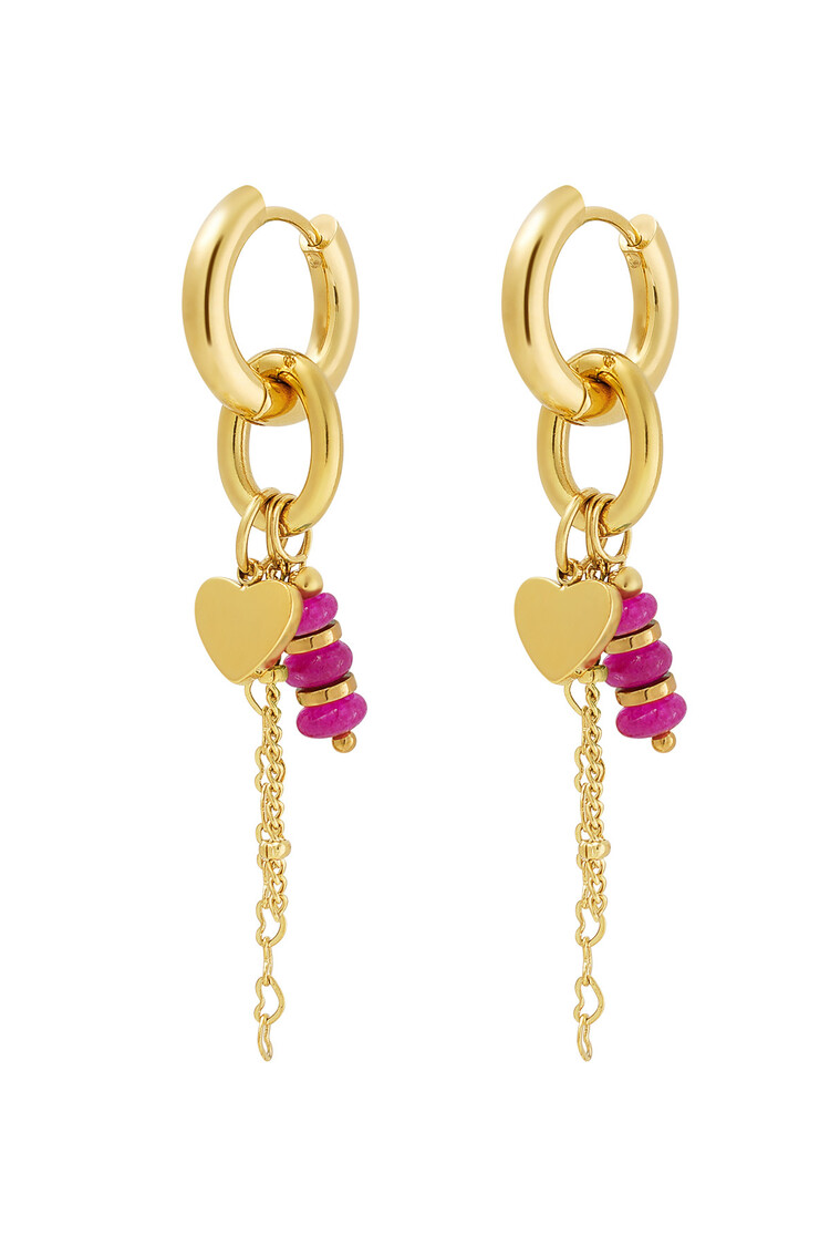 Gold Heart Bead Dangle Earrings / Fuchsia