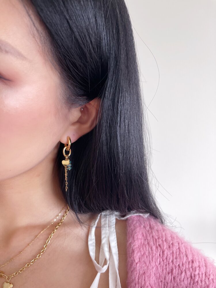 Gold Heart Bead Dangle Earrings / Turquoise