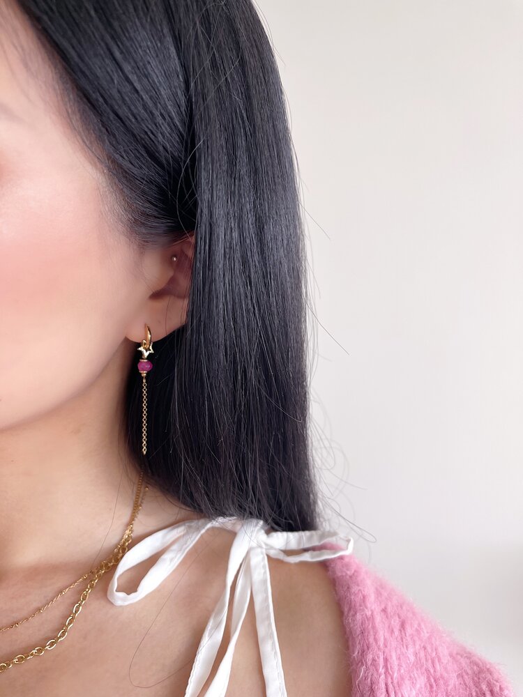 Gold Star Bead Dangle Earrings / Fuchsia