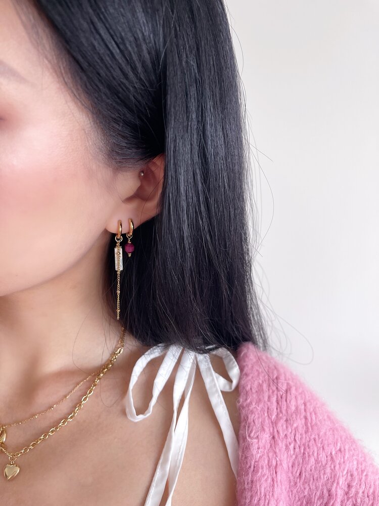 Gold Tube Stone Dangle Earrings / Grey