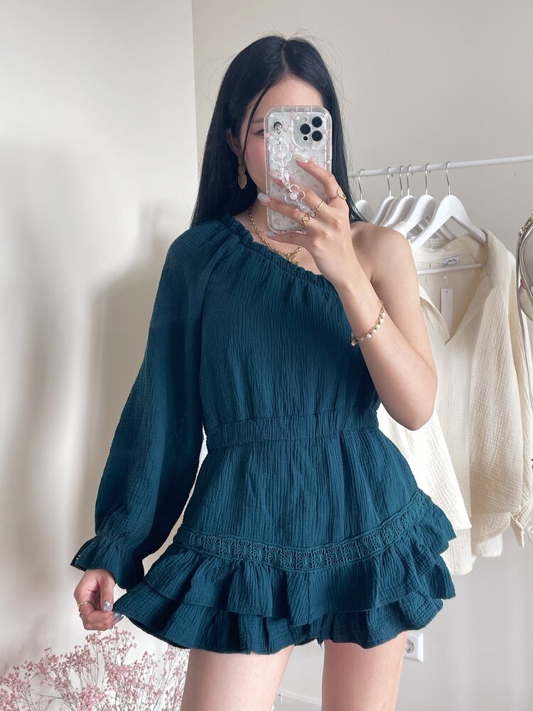 Ninni One Shoulder Playsuit / Dark Green