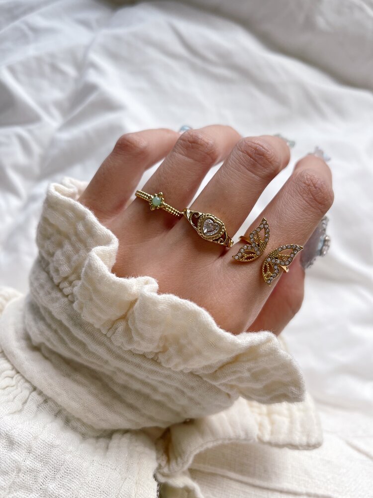 Gold Petite Flower Stone Ring / Green