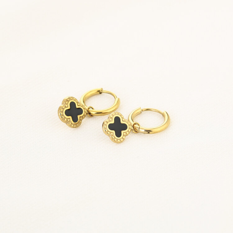 Gold Vintage Clover Earrings / Black