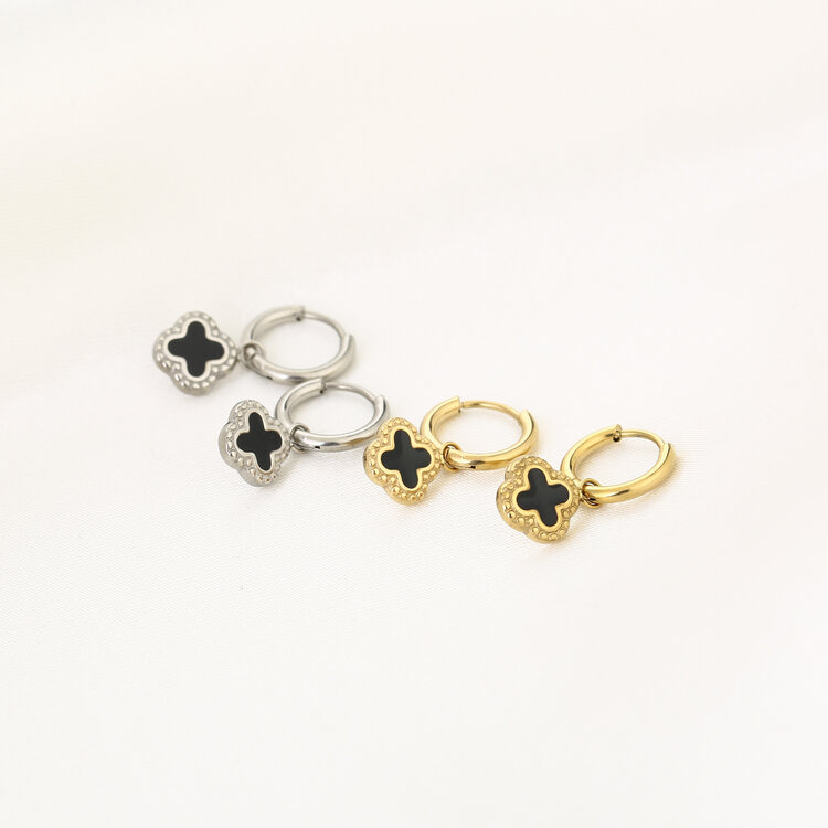 Gold Vintage Clover Earrings / Black