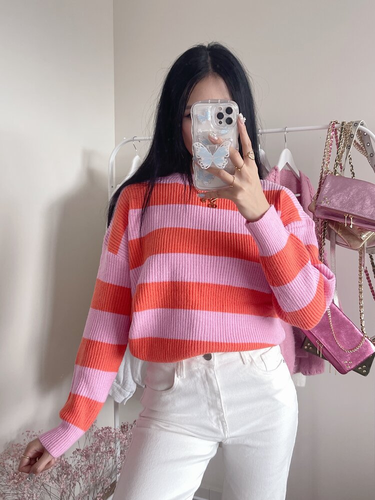 Rue Striped Ribbed Sweater / Pink