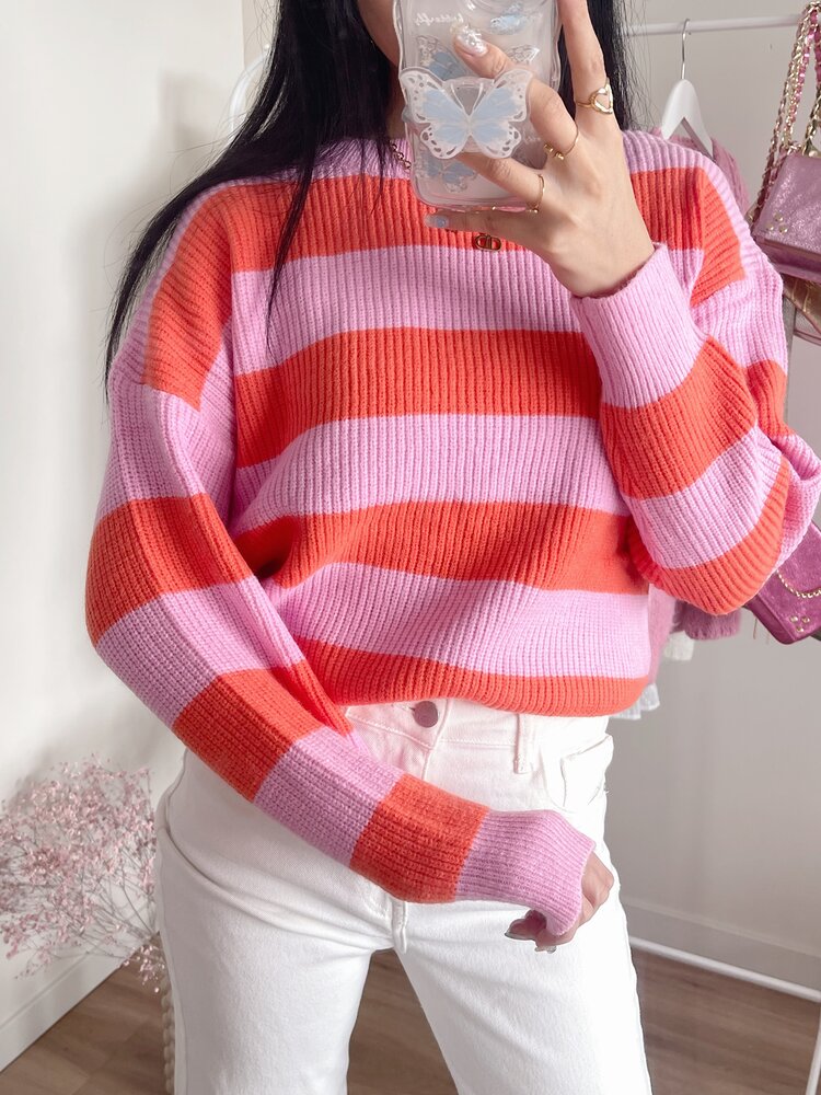 Rue Striped Ribbed Sweater / Pink