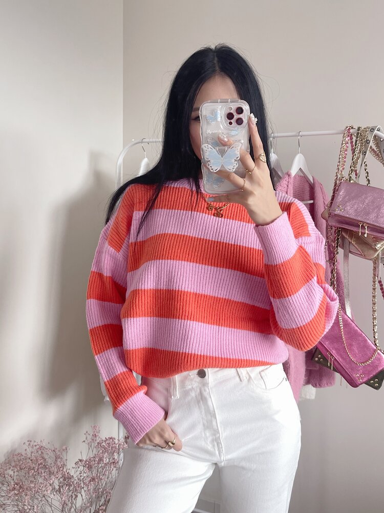Rue Striped Ribbed Sweater / Pink