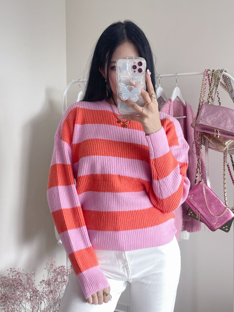 Rue Striped Ribbed Sweater / Pink