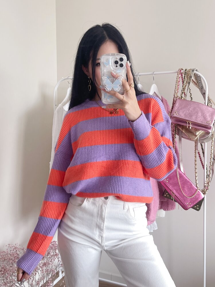 Rue Striped Ribbed Sweater / Purple