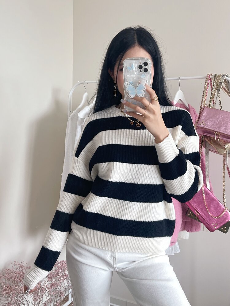 Rue Striped Ribbed Sweater / Black