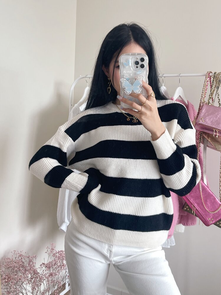 Rue Striped Ribbed Sweater / Black