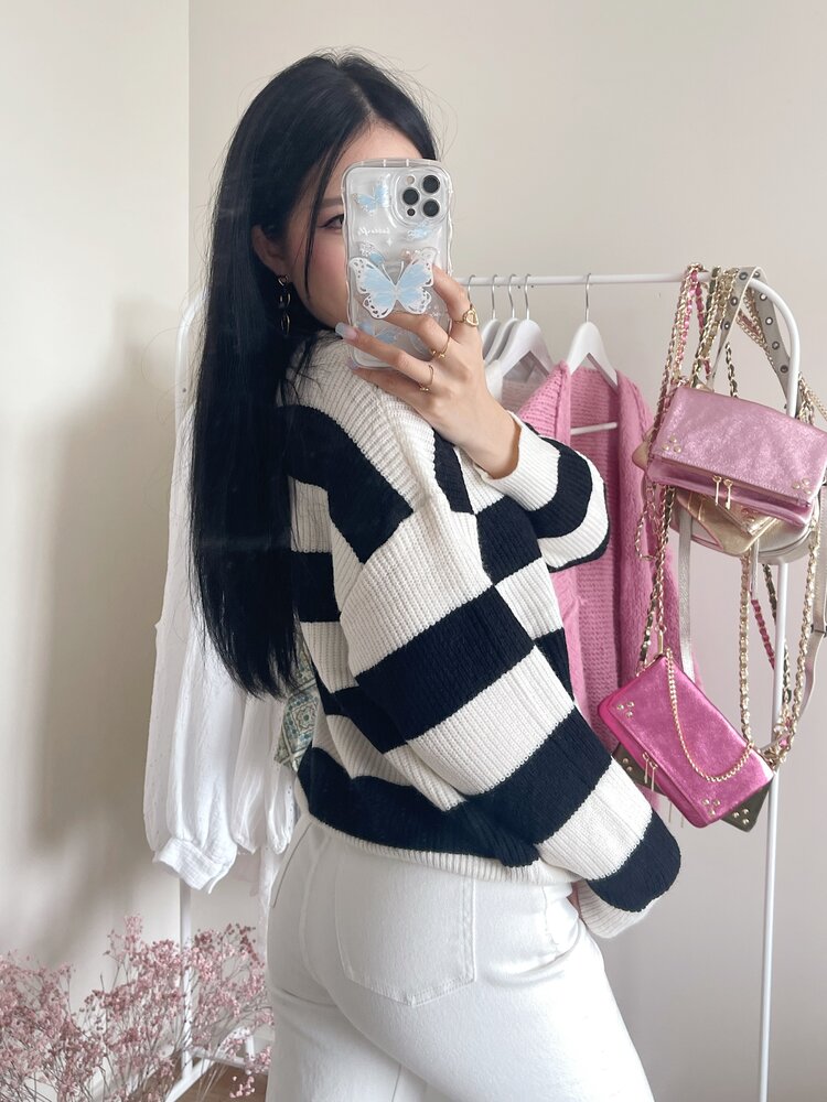 Rue Striped Ribbed Sweater / Black