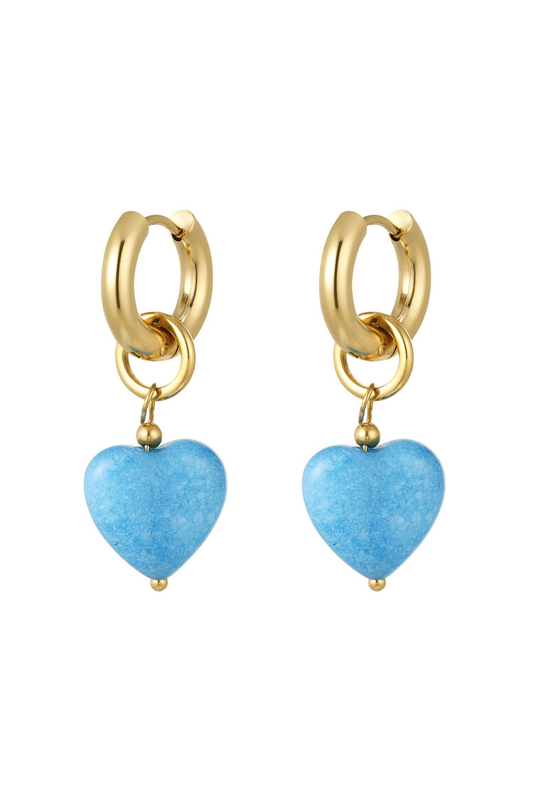 Gold Blue Heart Charm Earrings
