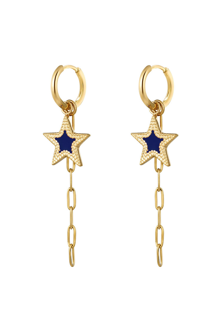 Gold Star Bead Dangle Earrings / Navy
