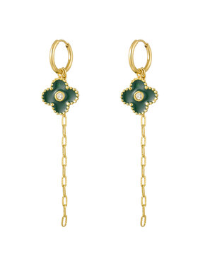 Gold Clover Charm Dangle Earrings / Green