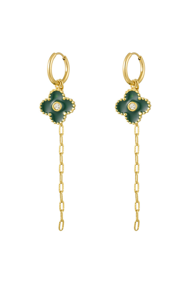 Gold Clover Charm Dangle Earrings / Green