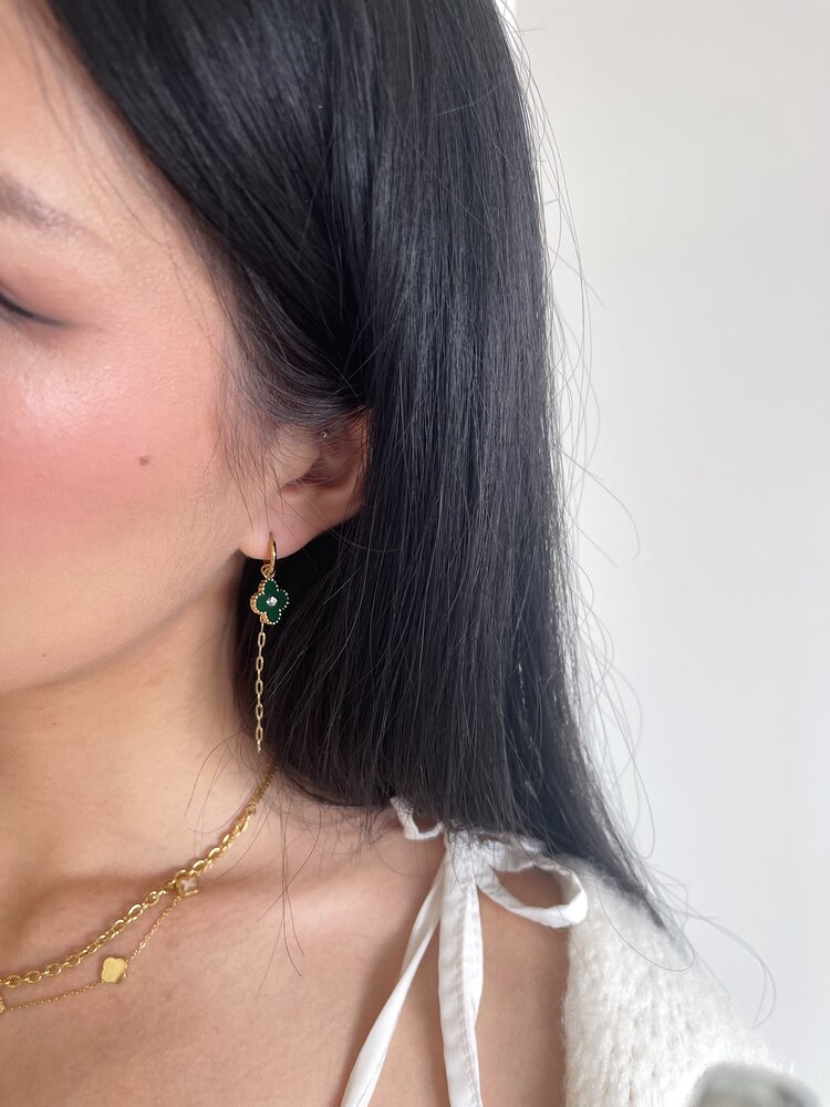 Gold Clover Charm Dangle Earrings / Green