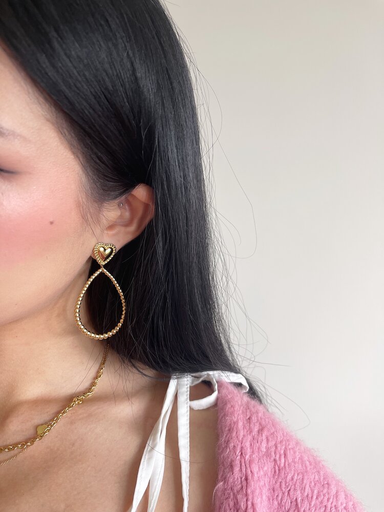 Gold Drop Heart Statement Earrings