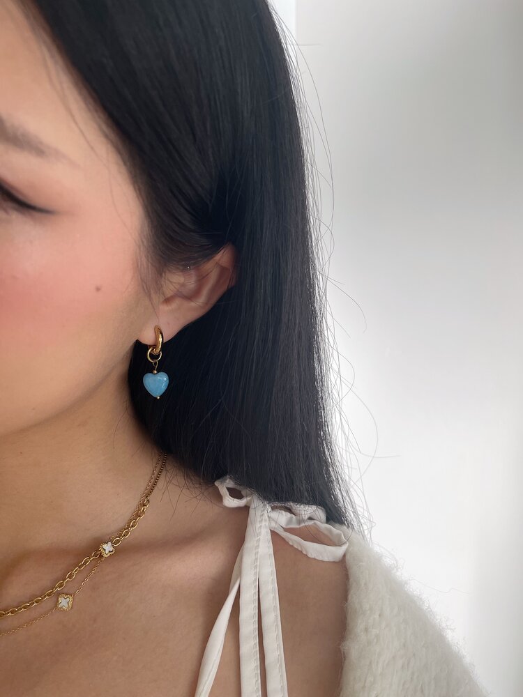 Gold Blue Heart Charm Earrings