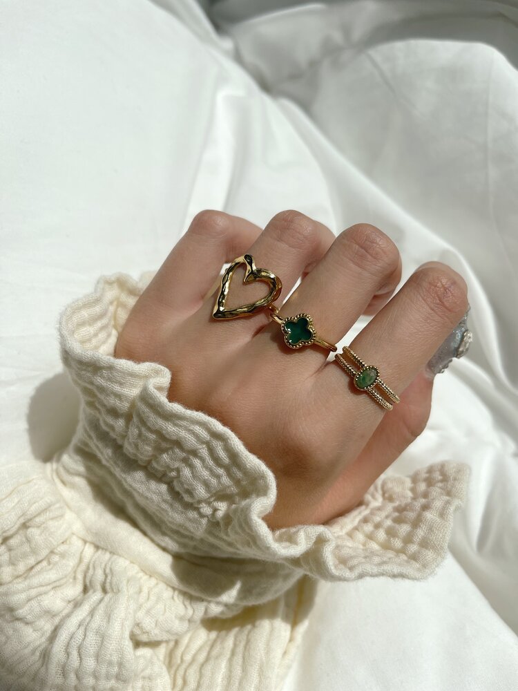 Gold Four Leaf Clover Ring / Green