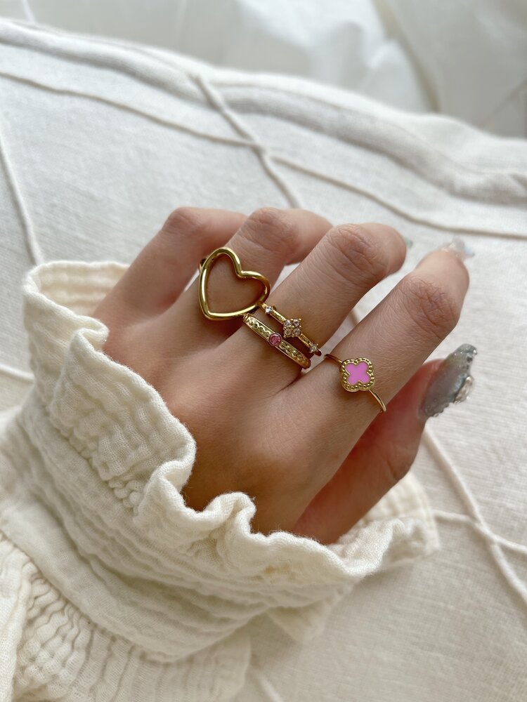 Gold Simple Stone Structured Ring / Pink