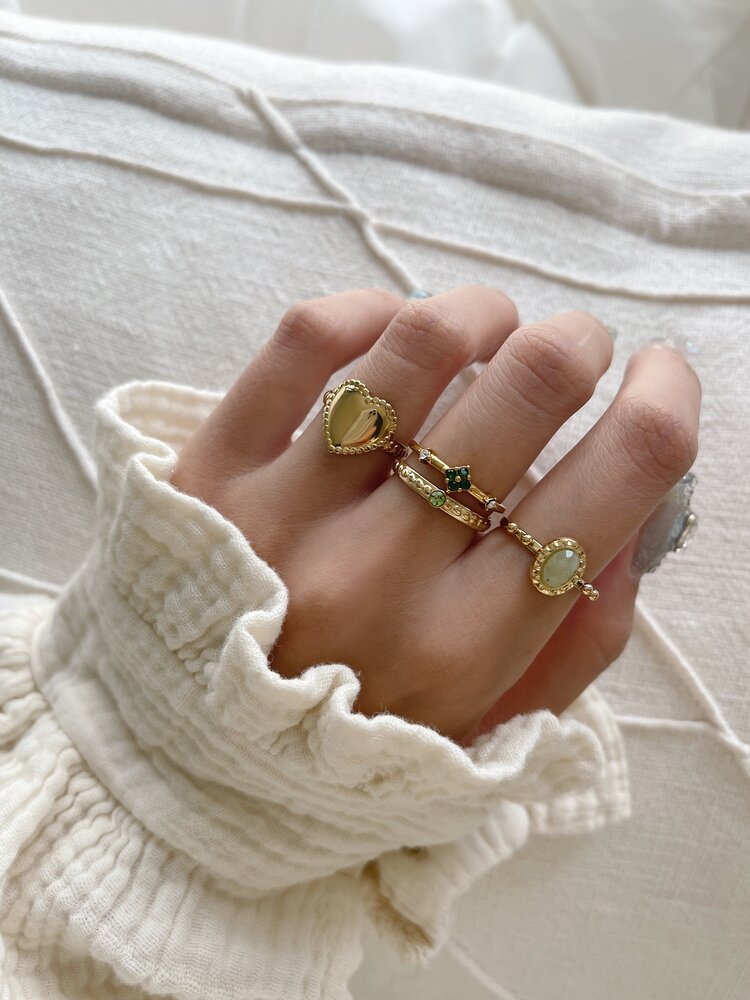 Gold Simple Stone Structured Ring / Green