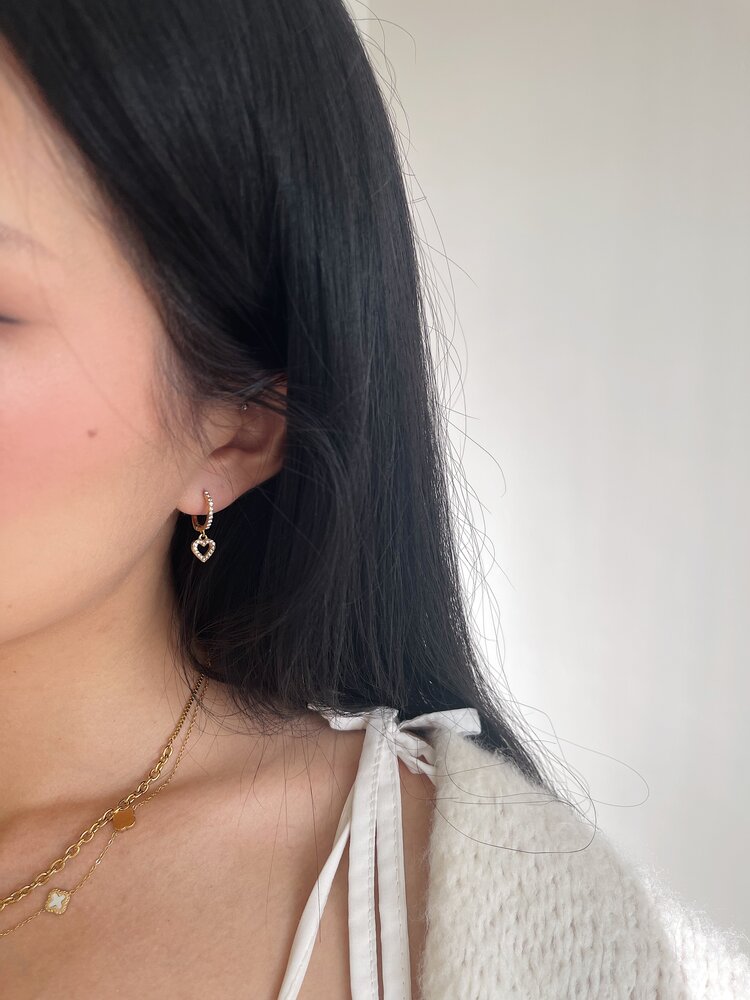 Gold Hollow Heart Zircon Earrings