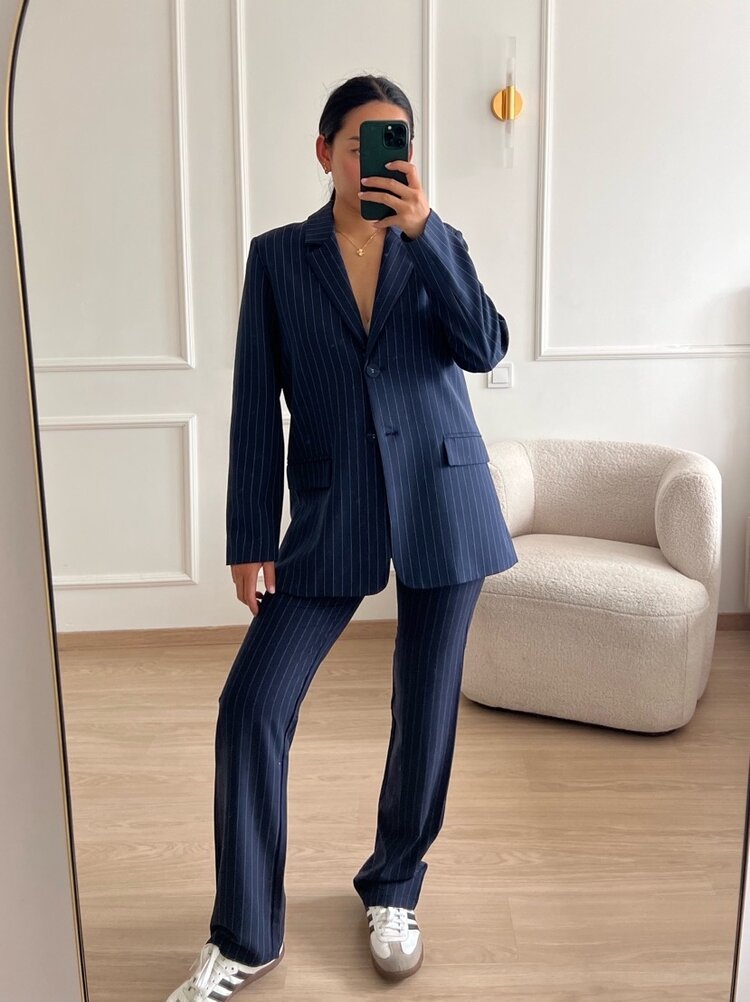 Laila Pinstripe Wide Leg Trousers / Navy Blue