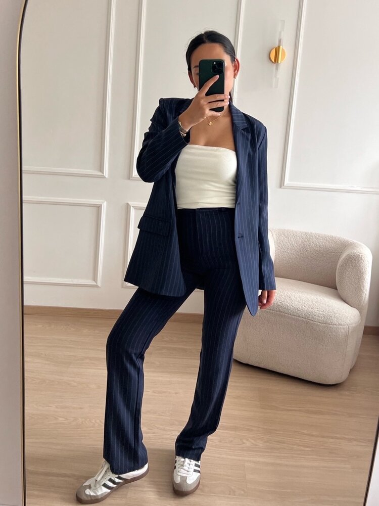 Laila Pinstripe Wide Leg Trousers / Navy Blue