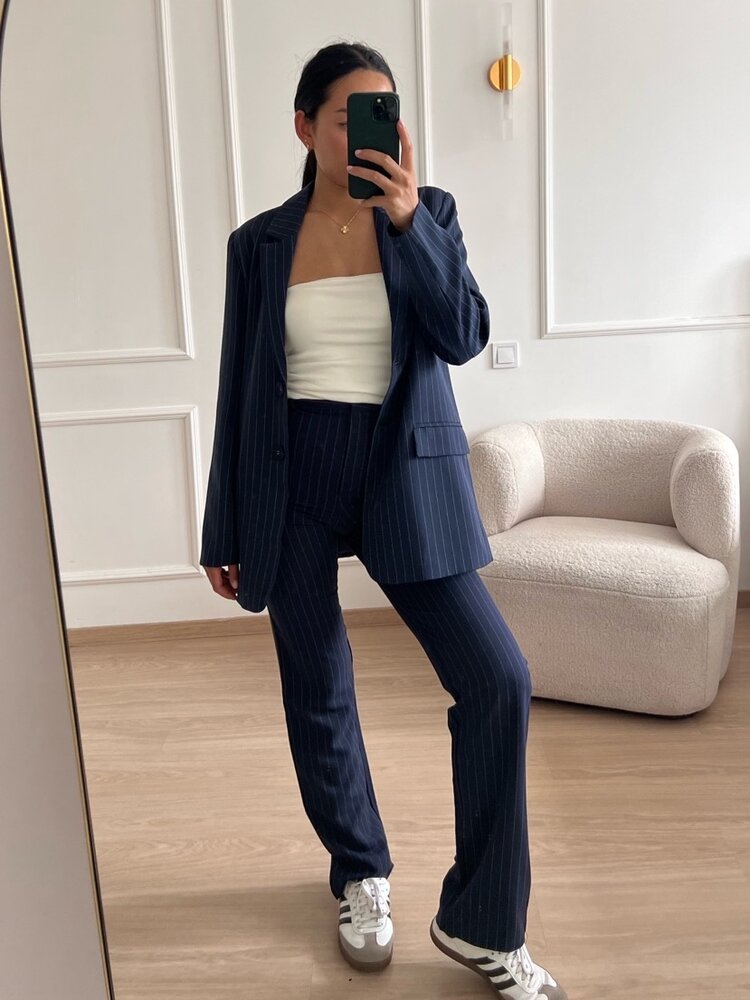 Laila Pinstripe Wide Leg Trousers / Navy Blue