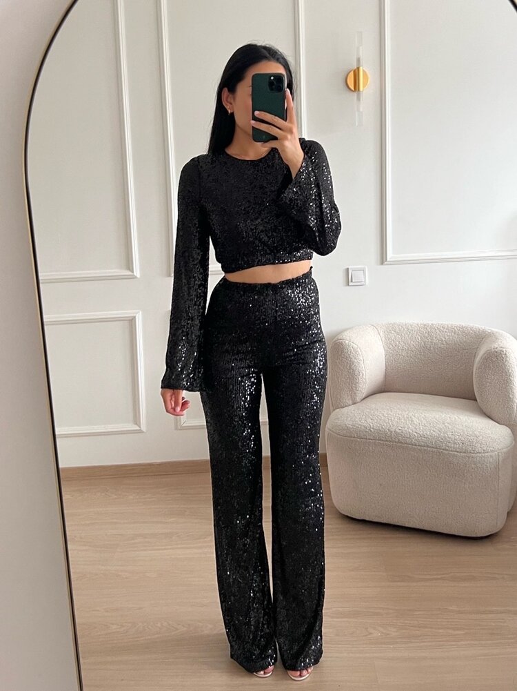 Harper Sequin Flared Leggings / Black